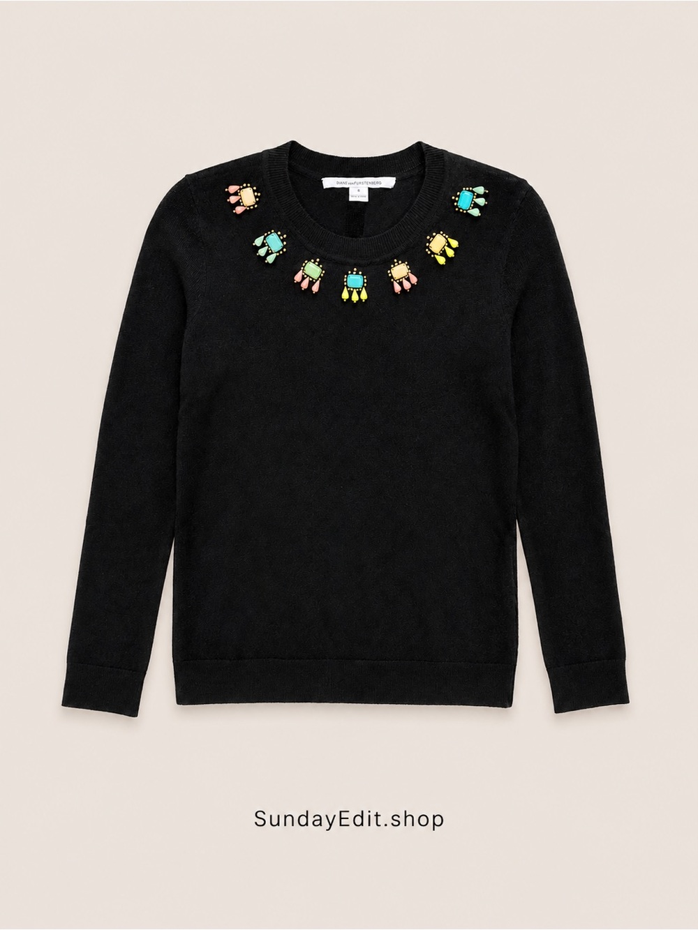 Diane Von Furstenberg Black Crewneck Sweater with Multicolor Jewel Embellishment